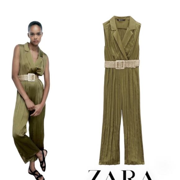 ZARA WRINKLE EFFECT with BELT lightweight olive green Small sleeveless - Picture 1 of 8